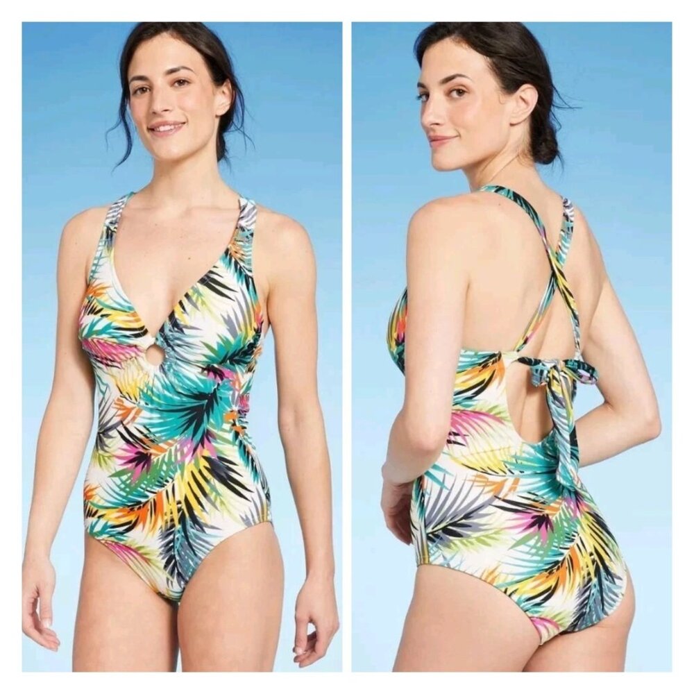 Shade & Shore Colorful Palm Leaf Print One Piece Swimsuit W Ring Accent L NWT